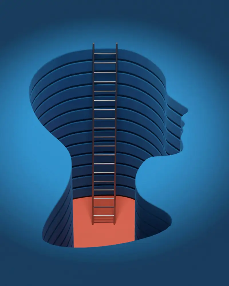 Illustration of a ladder rising inside the cut-out silhouette of a head